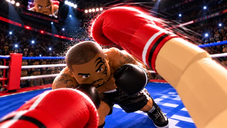 Official First Person Boxing thumbnail: a red boxing glove fills the foreground as a tattooed opponent ducks under it in a packed arena ring